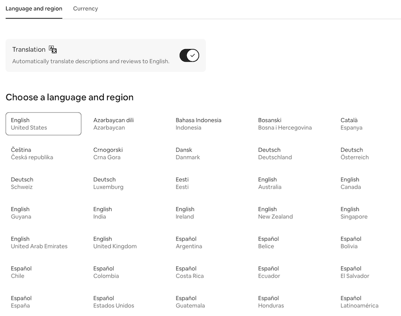 Airbnbのサイトの画面キャプチャ。選択肢として言語と国の組み合わせが並んでいる。